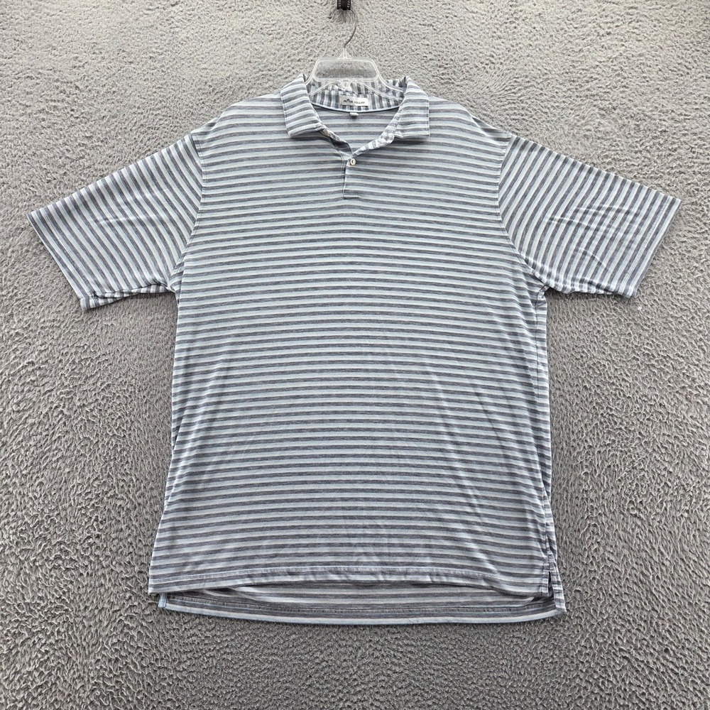 Peter Millar Mens Performance Golf Polo Shirt XL Gray Blue White Stripe Stretch